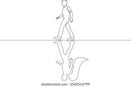 A man is walking. Reflection in the form of an angel with wings. Portrait with reflection on the ground.One continuous line. Line art. Minimum one line. White background. One line drawing.