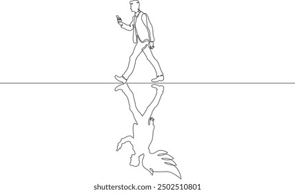A man is walking. Reflection in the form of an angel with wings. Portrait with reflection on the ground.One continuous line. Line art. Minimum one line. White background. One line drawing.