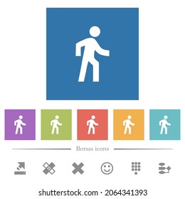 Man walking right flat white icons in square backgrounds. 6 bonus icons included.