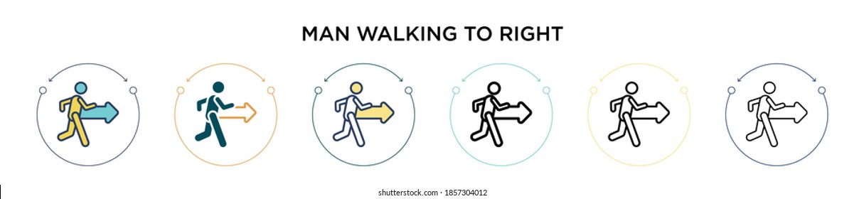 Man walking to right icon in filled, thin line, outline and stroke style. Vector illustration of two colored and black man walking to right vector icons designs can be used for mobile, ui, web