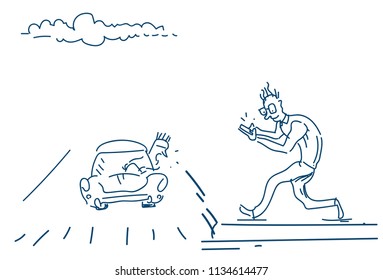 hombre camino a pie hablando en el teléfono móvil sin notar el boceto del coche doodle aislado de fondo blanco ilustración vectorial