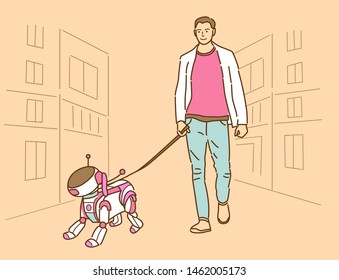 Hombre caminando con un perro robot