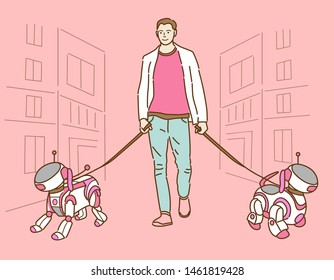 hombre caminando con un perro robot, ilustración vectorial