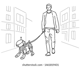 hombre caminando con un perro robot, ilustración vectorial