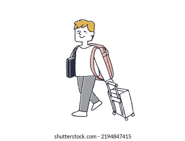  A man walking with a rucksack and a cart Backpackers traveling freely in various regions with minimal luggage