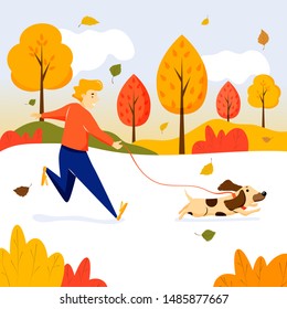 Man walking with a running cute dog in autumn park with trees and leaves. Vector illustration in cartoon style
