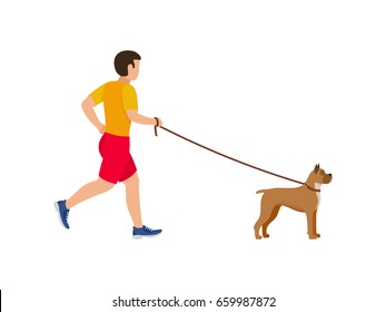 Man walking or running with a dog. Vector illustration.