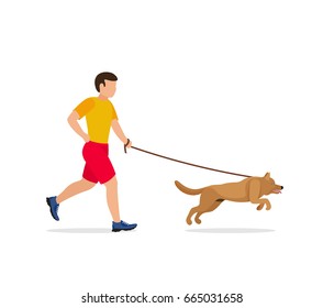 Man walking or running with a dog. Vector illustration.
