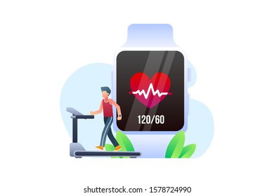 A Man Walking Or Running On A Treadmill Uses An Application On A Smartwatch To Record Heart Rate Health Condition. Internet Of Things Vector Background. IoT Illustration Banner