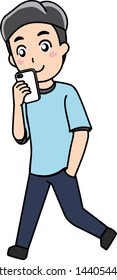 Man is walking with seeing smartphone