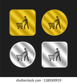 Man walking with shopping cart gold and silver metallic coin logo icon design