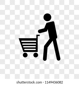 Man walking with shopping cart vector icon on transparent background, Man walking with shopping cart icon