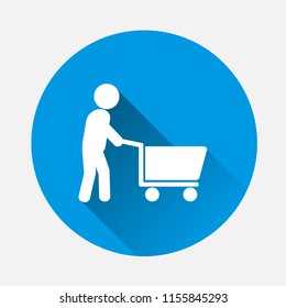 Man walking with shopping cart. Vector illustration on blue background. Flat image  porter man with long shadow. Layers grouped for easy editing illustration. For your design.