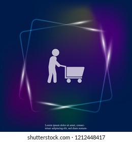 Man walking with shopping cart.  Vector neon light icon illustration. Layers grouped for easy editing illustration. For your design.