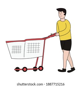 Man walking with a shopping cart vector illustration on isolated background.