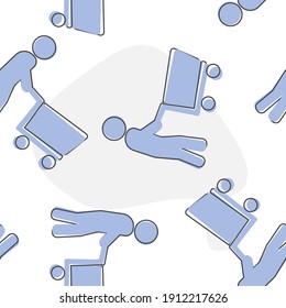 Man walking with shopping cart vector icon cartoon style on  seamless pattern on a white background.