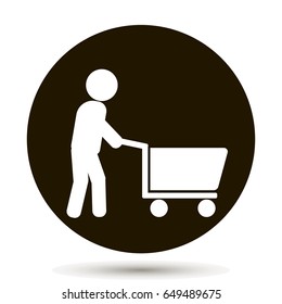 Man walking with shopping cart. Vector illustration on black background