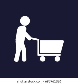 Man walking with shopping cart. Vector icon on dark blue background.