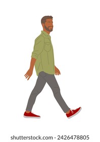 Man walking side view. Handsome bearded guy in smart casual outfit. Cartoon style male character vector realistic illustration isolated on white background.