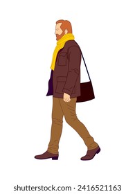 Man walking side view. Modern bearded man wearing street fashion casual outfit with bag. Handmade drawing vector illustration isolated on white background