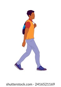 Man walking side view portrait. Modern young latin man wearing street fashion casual outfit with backpack. Handmade drawing vector illustration isolated on white background