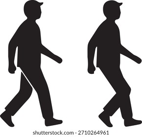 Hombre caminando silueta vista lateral. Figura masculina en ropa casual y gorra. Perfil de peatón, repartidor o joven estudiante de Vector.
