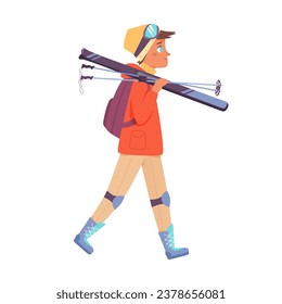 Hombre caminando con esquís ilustrados en forma de vector aislados en fondo blanco. Caricatura masculina de esquí, atleta feliz con mochila y gafas deportivas que van a desnivel para montar esquís.