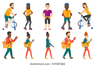 Man walking with smartphone and bag full of social media icons. Man using smartphone for social networking. Social network concept. Set of vector flat design illustrations isolated on white background