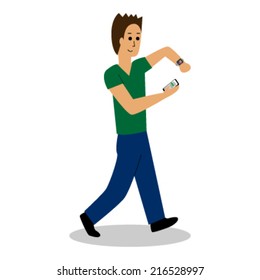 A man walking with a smartphone and a smartwatch, vector illustration