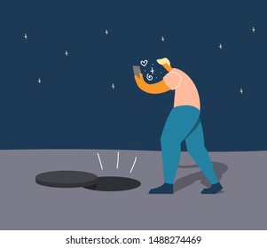 Man walking with smartphone who is about to fall into sewer manhole. Vector illustration in flat style.