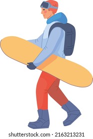 Man walking with snowboard. Winter resort vacation isolated on white background