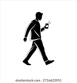 Man walking with spilling coffee. Silhouette of person in motion. Male holding hot drink. Black and white graphic.