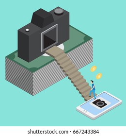man walking up stair to camera on pile of banknotes  