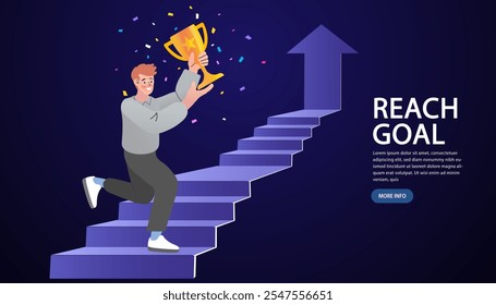 man walking up staircase to trophy. golden cup and confetti. Business team achievements. Get reward and celebrate. businesswoman ready to overcome difficulties on way to victory in business. Vector 