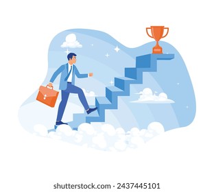 The man is walking up the stairs to get the trophy. Motivation to achieve success. Success Business concept. Flat vector illustration.