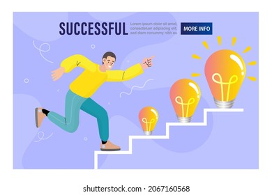 Man walking up stairs with growing lamp. new ideas concept. social media network online communication. success and development vector illustration.