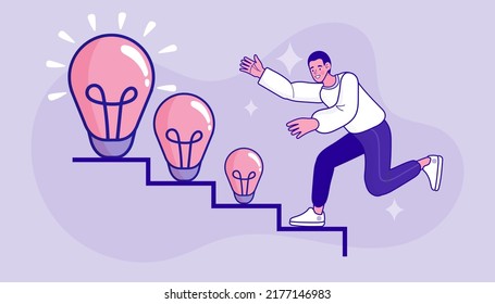 Man walking up stairs with growing lamp. new ideas concept. social media network online communication. success and development vector outline illustration.