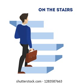 Man walking up the stairs. Idea of growth and progress. Climb to successful life. Isolated flat vector illustration