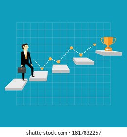 Man walking up stairs to success and trophy, Vector illustration in flat style