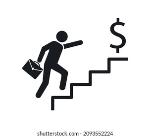 Man walking up the stairs towards his goal, going through the difficulties and obstacles and reaching the money. Vector stock illustration
