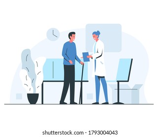 Man with a walking stick at the doctor's appointment. Vector concept illustration of a standing smiling man and female doctor with a perscription consulting him. Interior of a consulting room