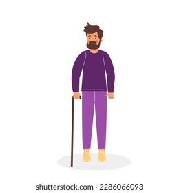 Man with walking stick in flat style