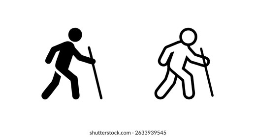Man Walking with Stick Icon Collection in outline and glyph styles. Represents support or elderly care. Perfect for healthcare design.