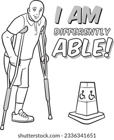 Man Walking Stick Legs Disability People Illustration Coloring Page