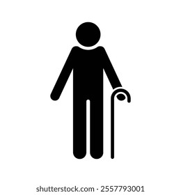 Man with walking stick symbol and glyph design on white background