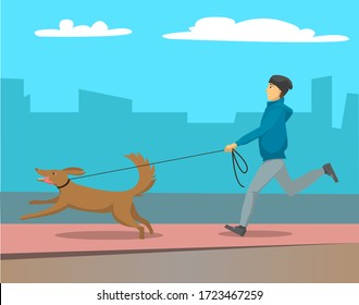 Man walking street with his pet. Person running with dog on leash outdoor. Male and friend of human together. Silhouette of buildings and skyscrapers on background. Vector illustration in flat style