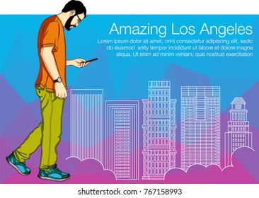 A man walking in street of Los Angeles. Vector illustration of  landscape of buildings of the city