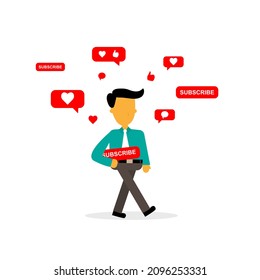 man walking with subscribe button, on a white background. flat illustration vector people