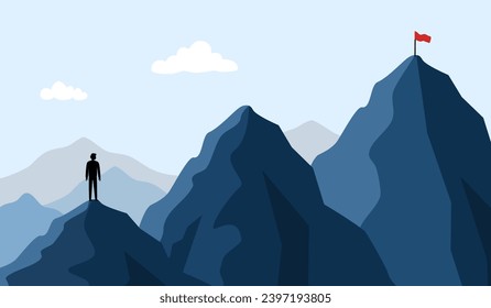 Man walking to the success flag on top of the mountain in flat design. Symbol of the startup, business finance, achievement and leadership concept vector illustration.