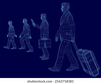 Man is walking with a suitcase and a cell phone. The image is a series of four people walking in a line